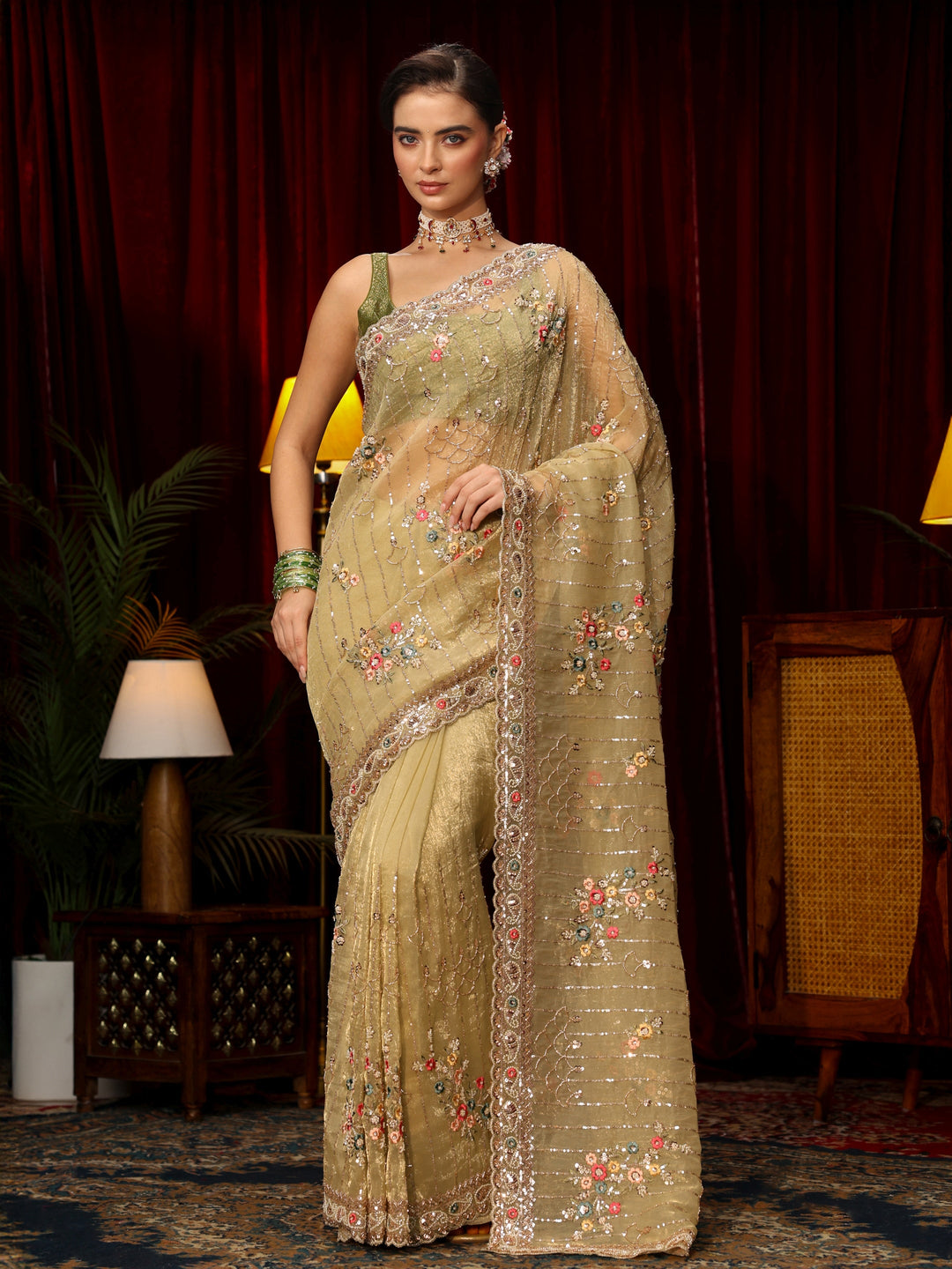 Libas Art Green Floral Embellished Tissue Saree