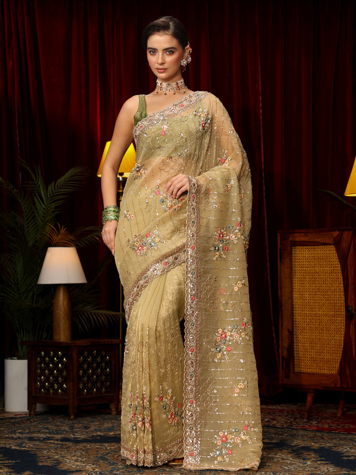 Libas Art Green Floral Embellished Tissue Saree
