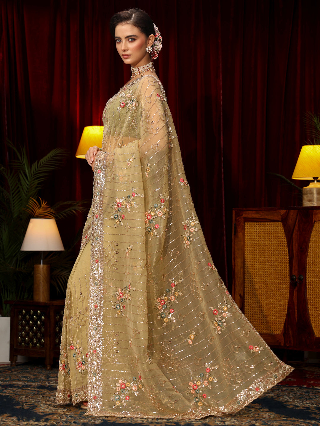 Libas Art Green Floral Embellished Tissue Saree