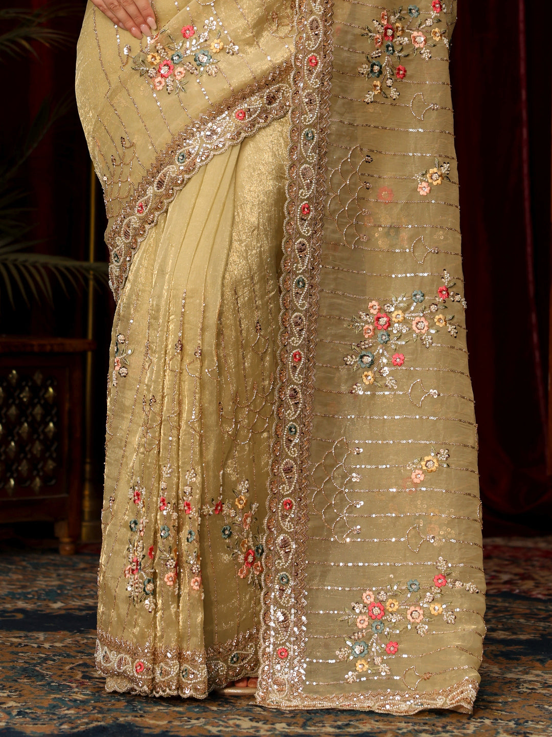 Libas Art Green Floral Embellished Tissue Saree