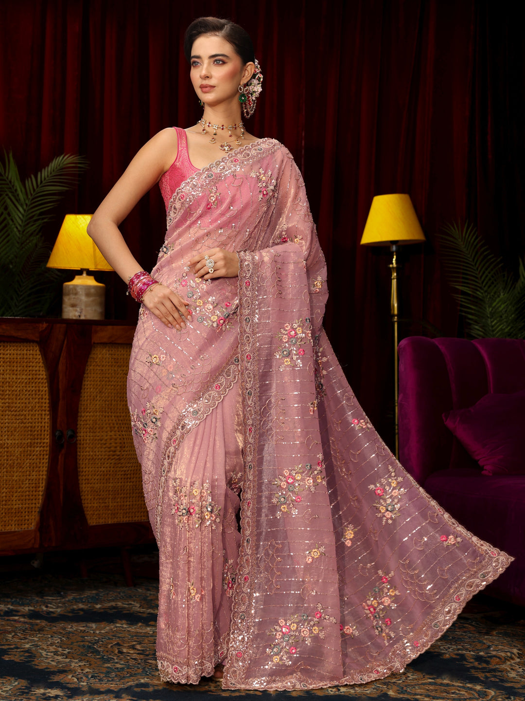 Libas Art Lavender Floral Embellished Tissue Saree