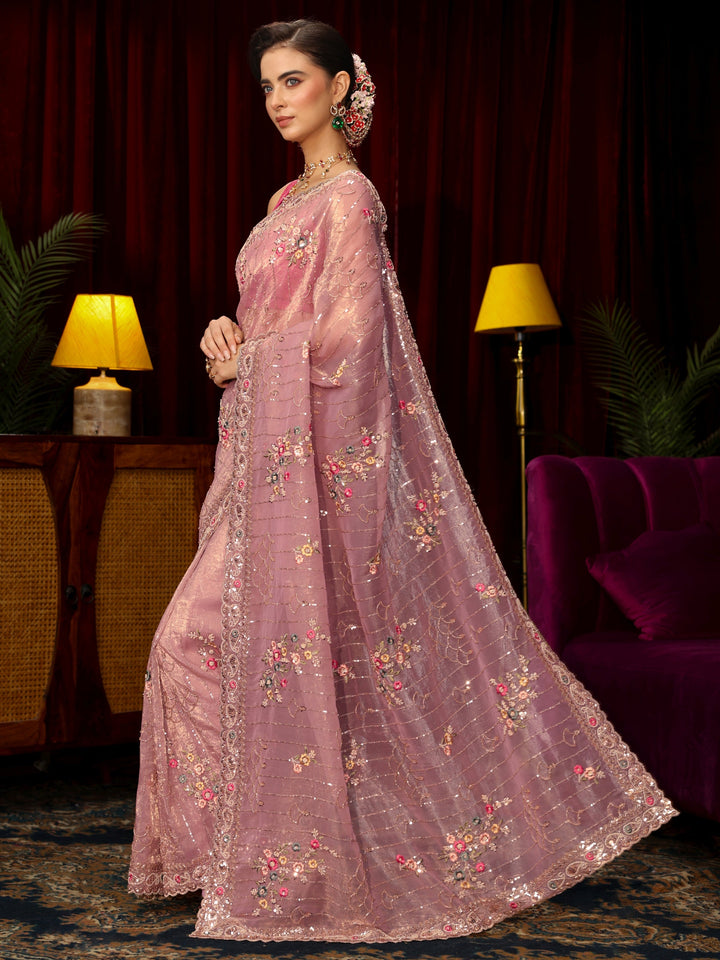 Libas Art Lavender Floral Embellished Tissue Saree