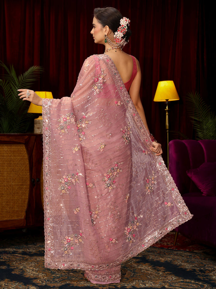 Libas Art Lavender Floral Embellished Tissue Saree
