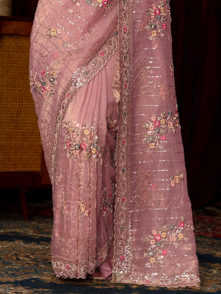 Libas Art Lavender Floral Embellished Tissue Saree