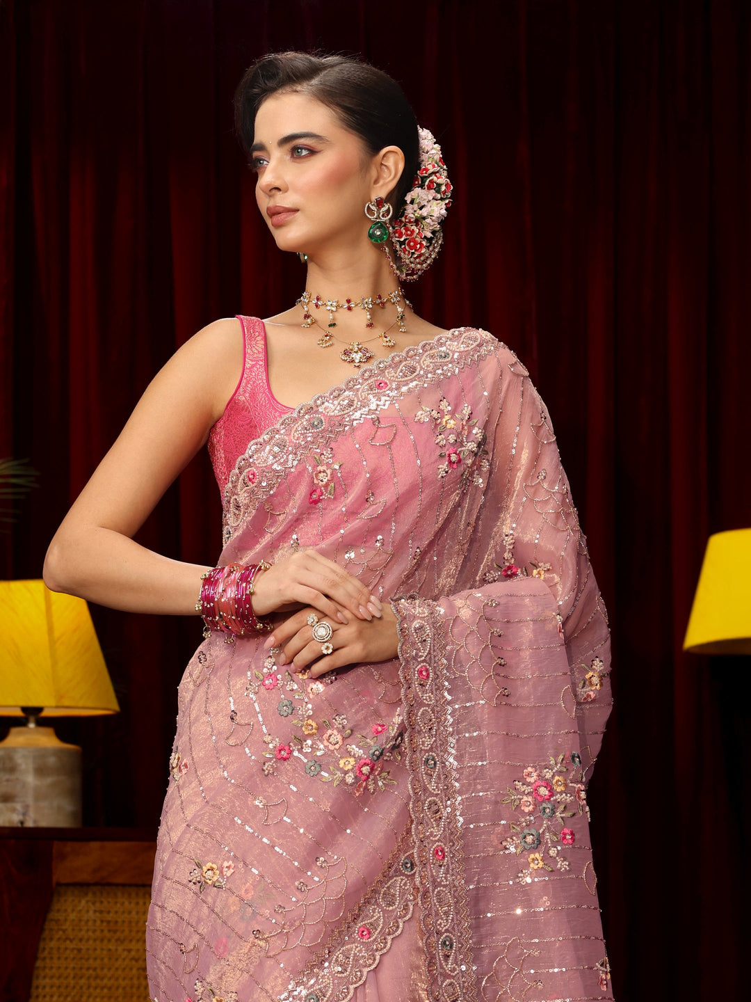 Libas Art Lavender Floral Embellished Tissue Saree