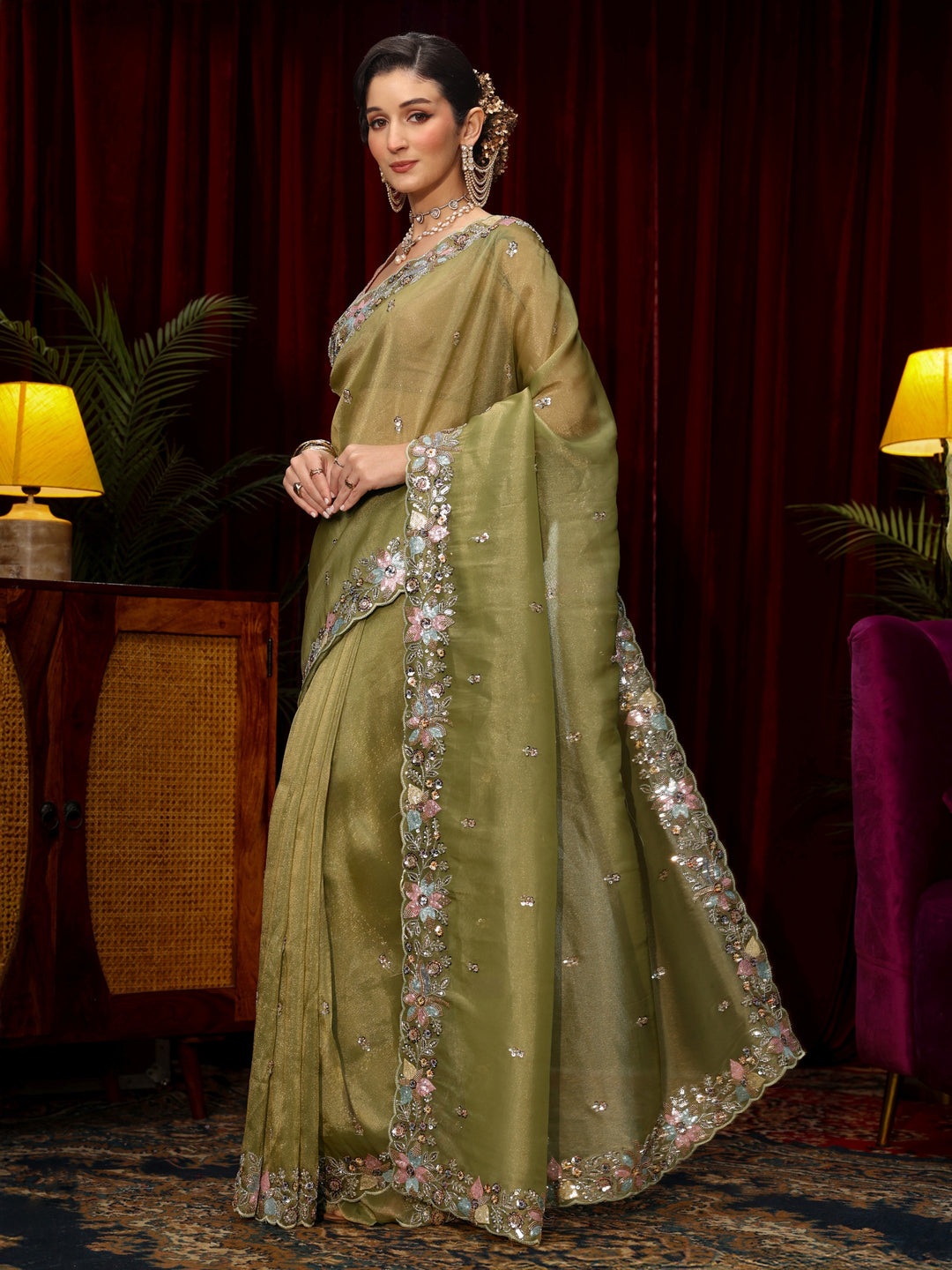 Libas Art Olive Green Sequin Embellished Tissue Saree