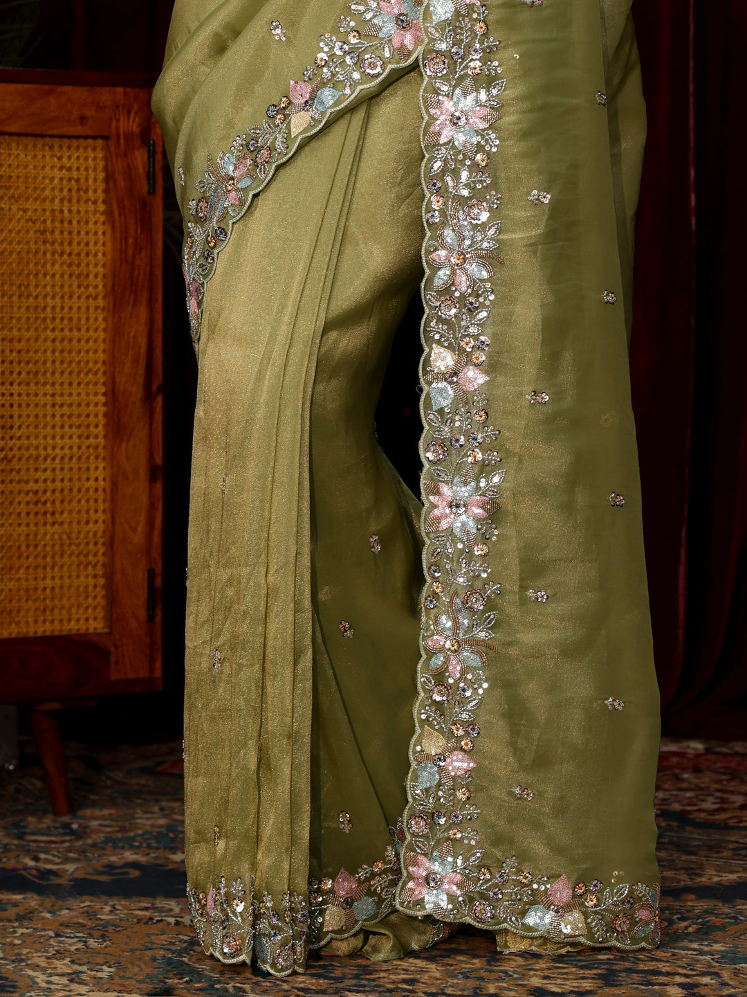 Libas Art Olive Green Sequin Embellished Tissue Saree