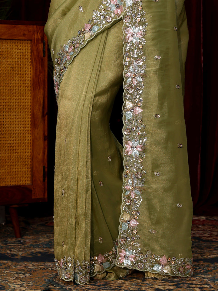 Libas Art Olive Green Sequin Embellished Tissue Saree