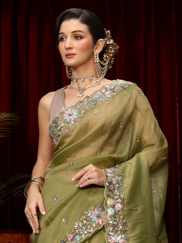 Libas Art Olive Green Sequin Embellished Tissue Saree