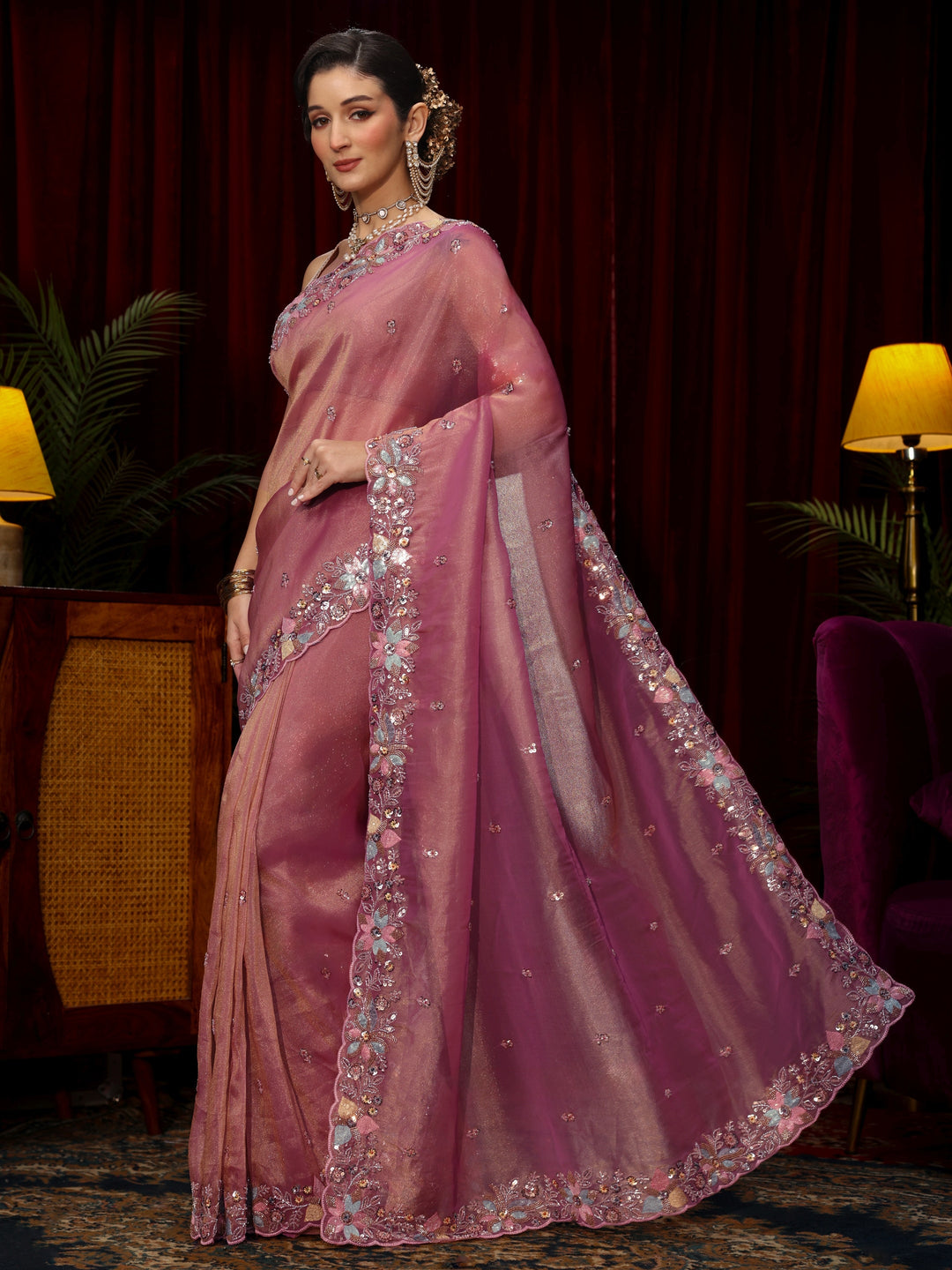 Libas Art Pink Sequin Embellished Tissue Saree