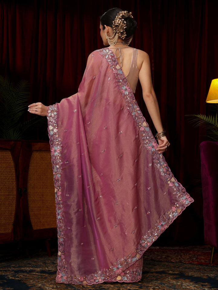 Libas Art Pink Sequin Embellished Tissue Saree