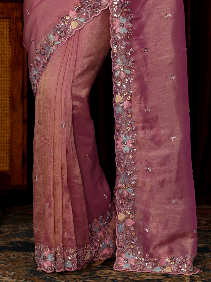 Libas Art Pink Sequin Embellished Tissue Saree