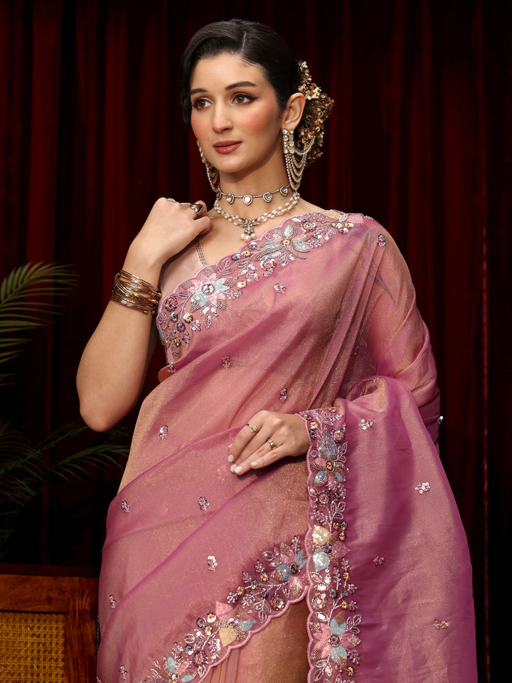 Libas Art Pink Sequin Embellished Tissue Saree