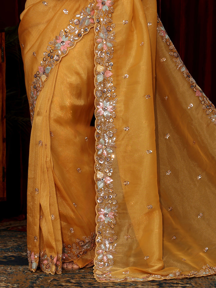 Libas Art Mustard Sequin Embellished Tissue Saree