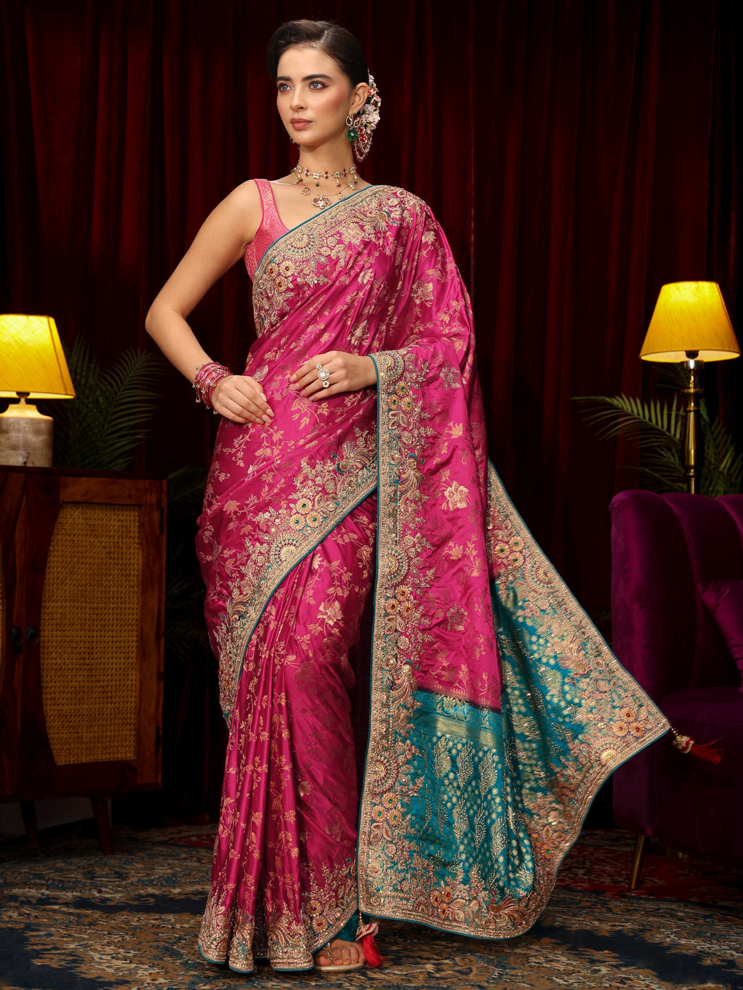 Libas Art Rani Pink Floral Woven Silk Blend Saree with Embellished Border