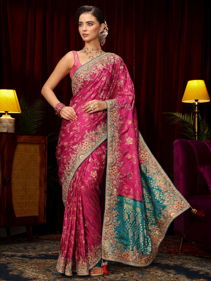 Libas Art Rani Pink Floral Woven Silk Blend Saree with Embellished Border