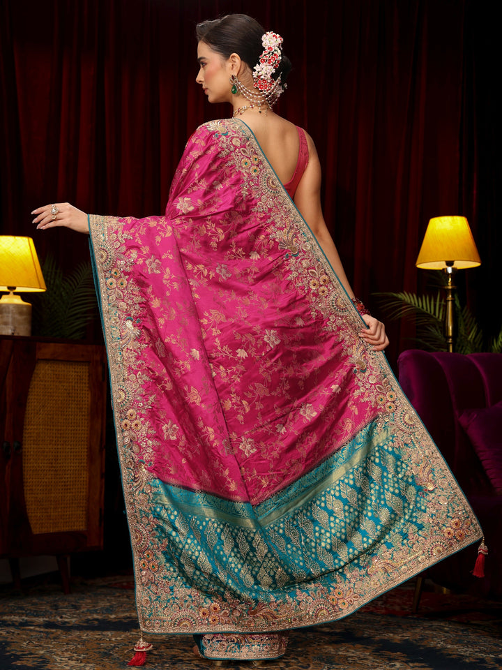 Libas Art Rani Pink Floral Woven Silk Blend Saree with Embellished Border