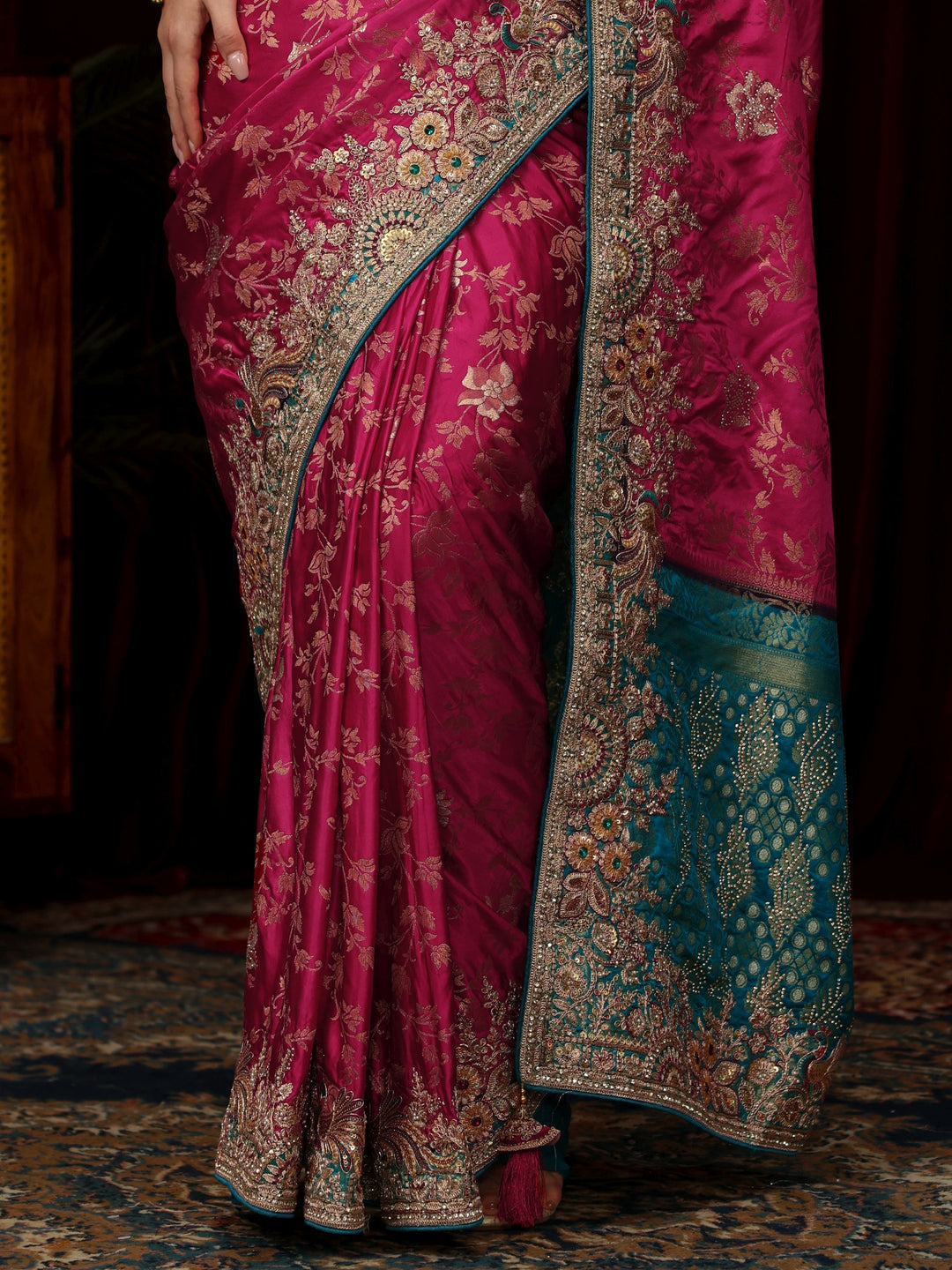 Libas Art Rani Pink Floral Woven Silk Blend Saree with Embellished Border