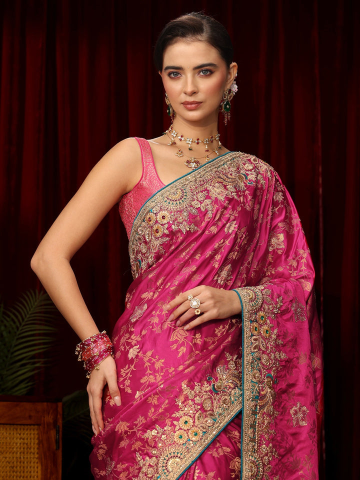 Libas Art Rani Pink Floral Woven Silk Blend Saree with Embellished Border