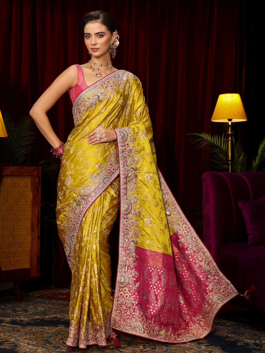 Libas Art Mustard Floral Woven Silk Blend Saree with Embellished Border