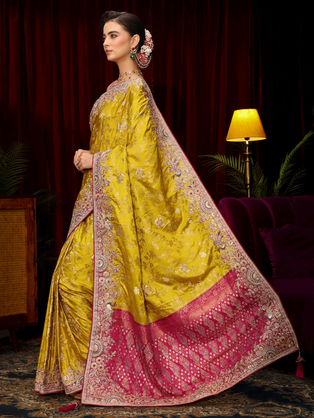Libas Art Mustard Floral Woven Silk Blend Saree with Embellished Border
