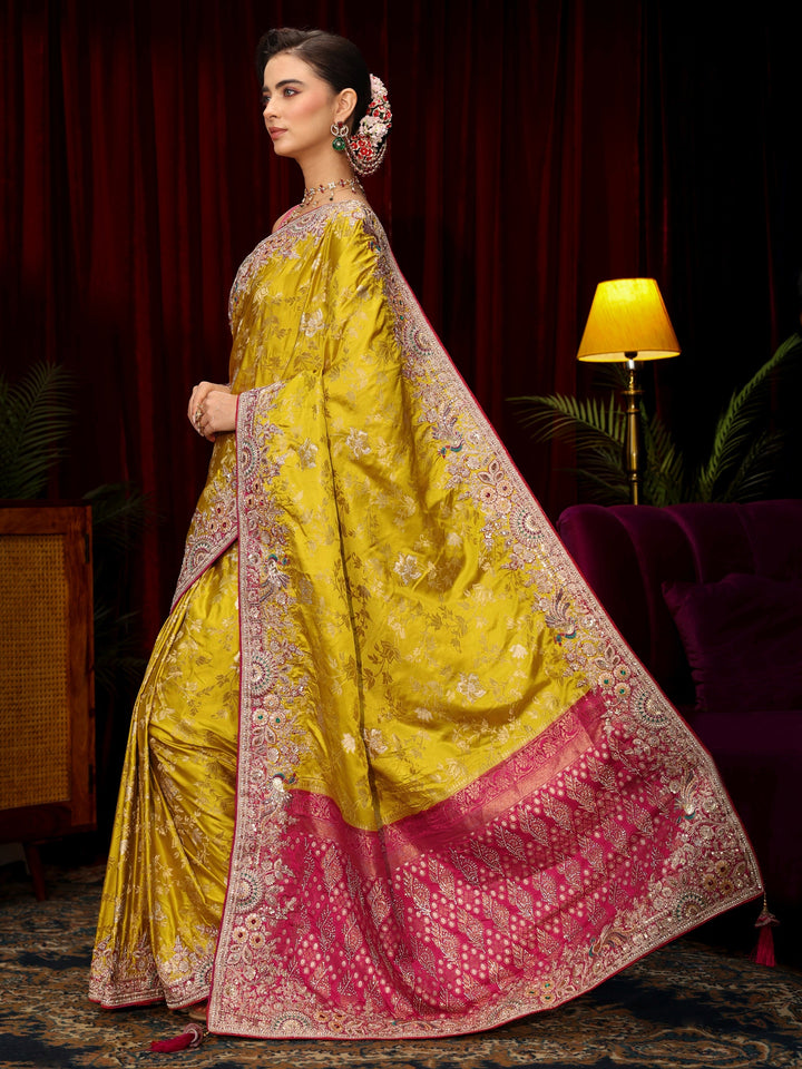 Libas Art Mustard Floral Woven Silk Blend Saree with Embellished Border