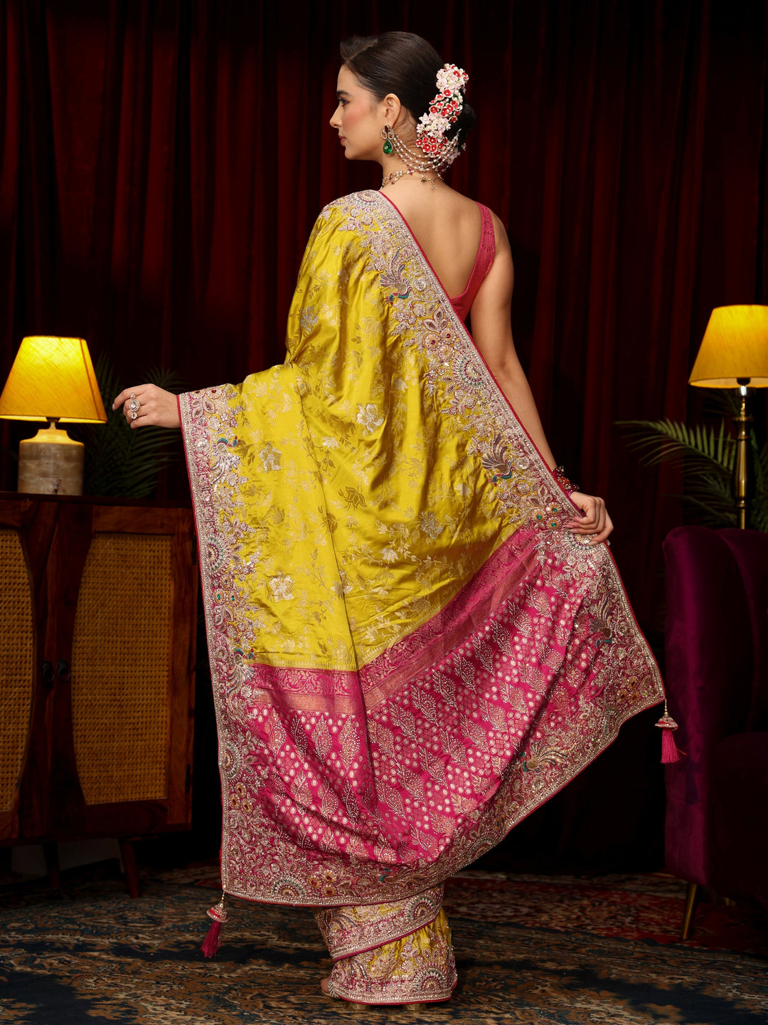 Libas Art Mustard Floral Woven Silk Blend Saree with Embellished Border