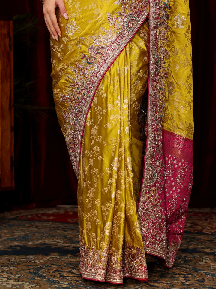 Libas Art Mustard Floral Woven Silk Blend Saree with Embellished Border