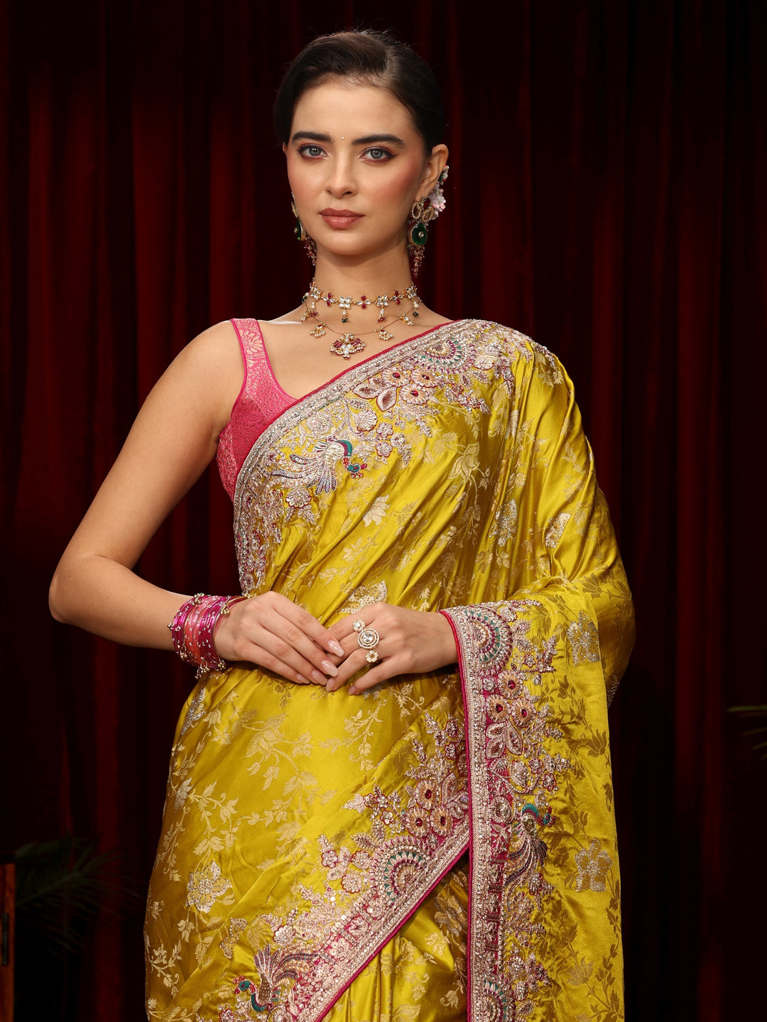 Libas Art Mustard Floral Woven Silk Blend Saree with Embellished Border