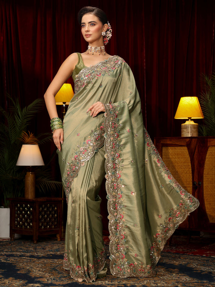 Libas Art Sage Green Sequin Silk Blend Saree with Floral Embroidered Border