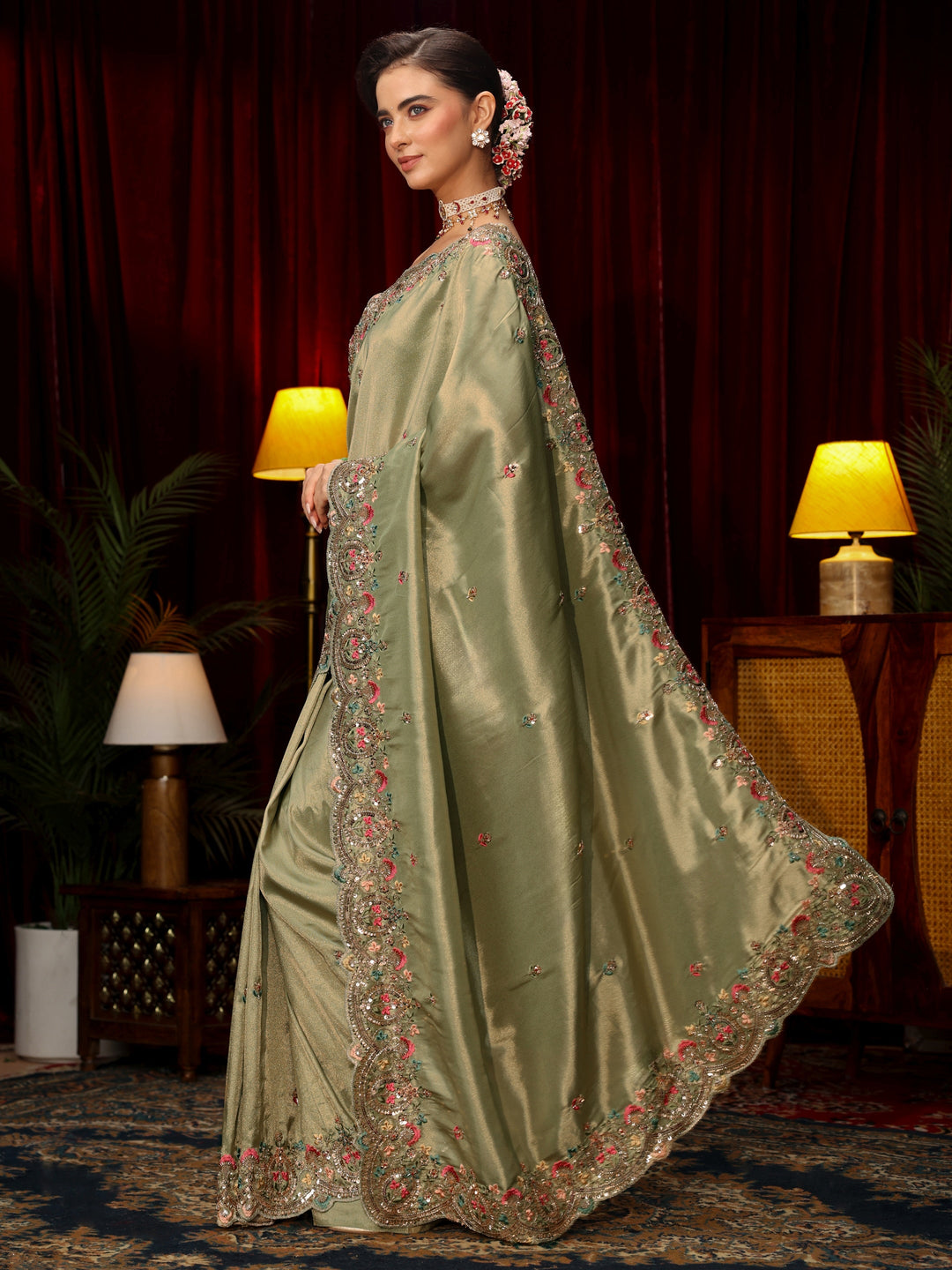 Libas Art Sage Green Sequin Silk Blend Saree with Floral Embroidered Border