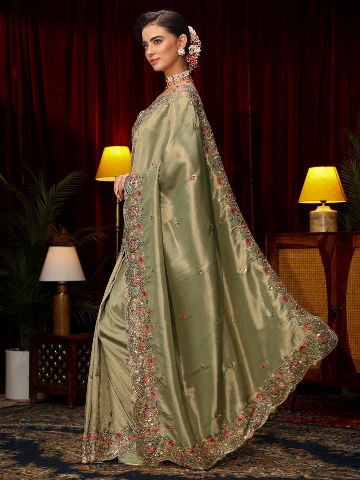 Libas Art Sage Green Sequin Silk Blend Saree with Floral Embroidered Border
