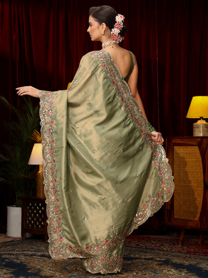 Libas Art Sage Green Sequin Silk Blend Saree with Floral Embroidered Border