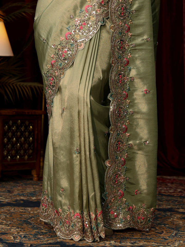 Libas Art Sage Green Sequin Silk Blend Saree with Floral Embroidered Border