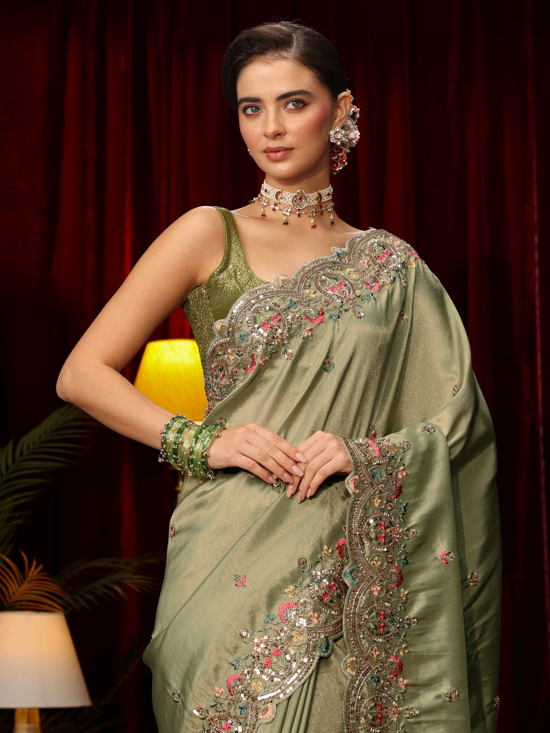 Libas Art Sage Green Sequin Silk Blend Saree with Floral Embroidered Border