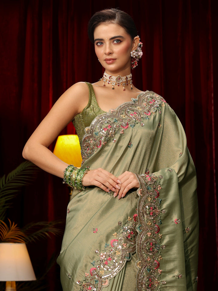 Libas Art Sage Green Sequin Silk Blend Saree with Floral Embroidered Border