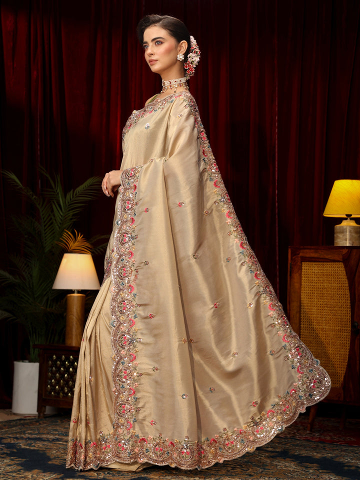 Libas Art Beige Sequin Silk Blend Saree with Floral Embroidered Border