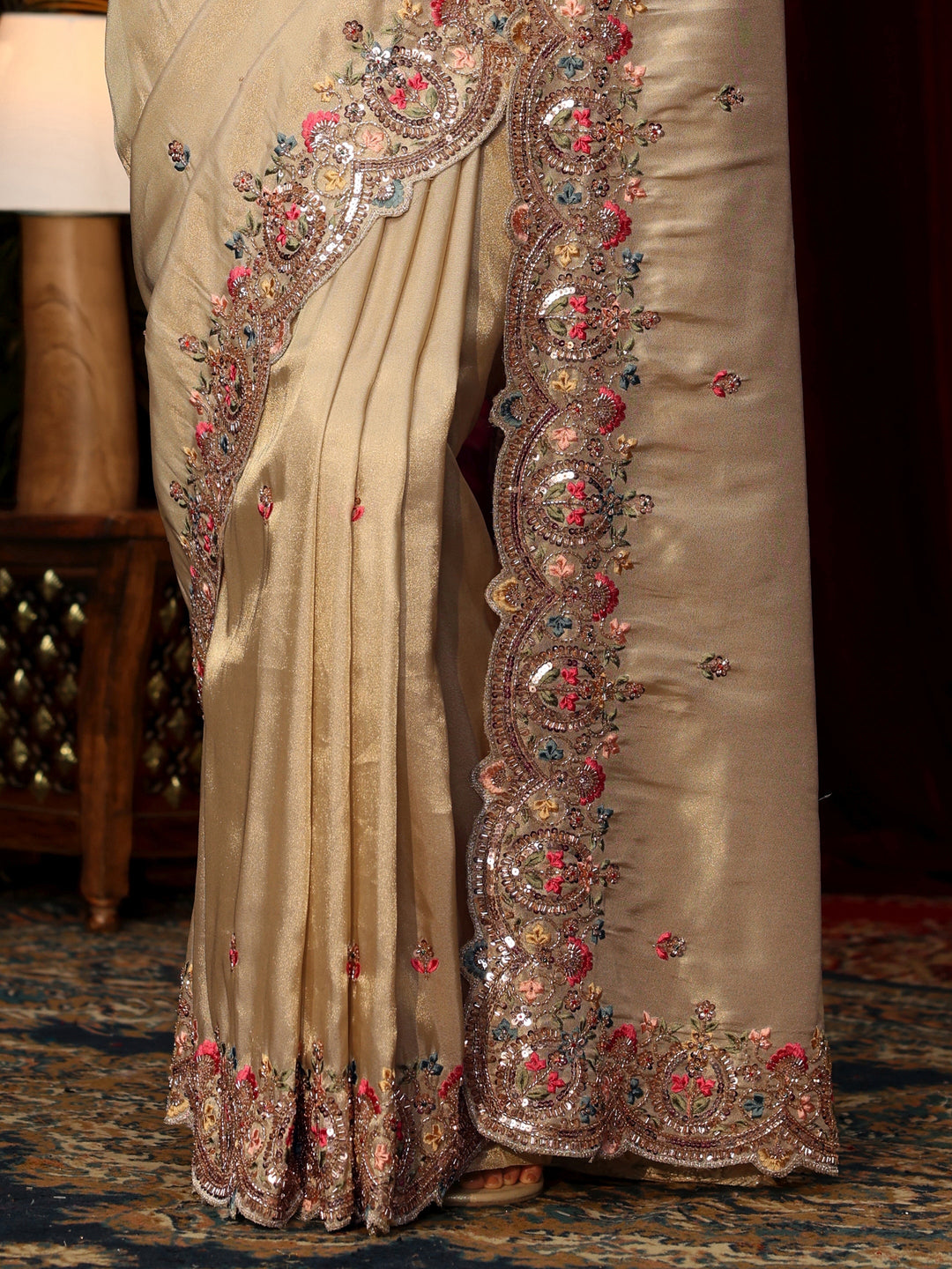 Libas Art Beige Sequin Silk Blend Saree with Floral Embroidered Border