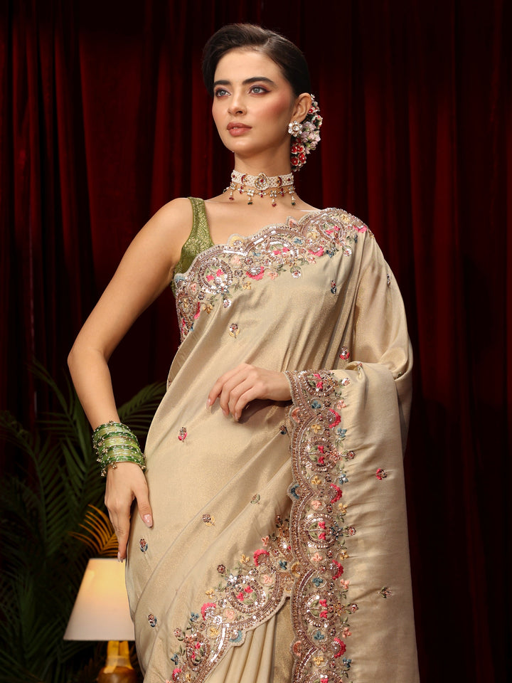Libas Art Beige Sequin Silk Blend Saree with Floral Embroidered Border