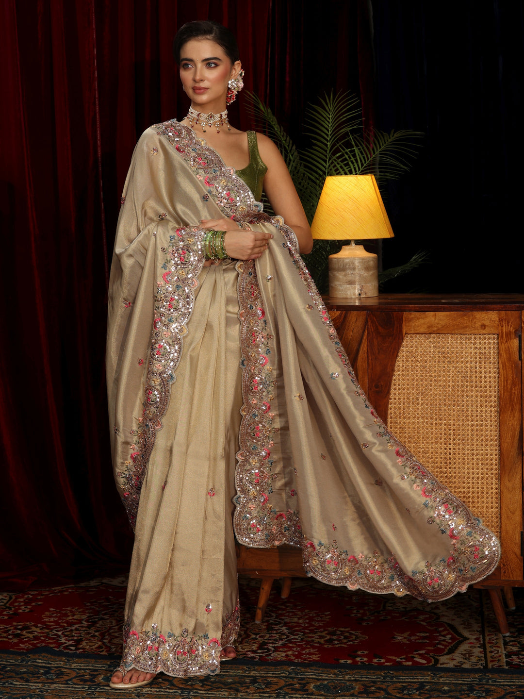 Libas Art Beige Sequin Silk Blend Saree with Floral Embroidered Border