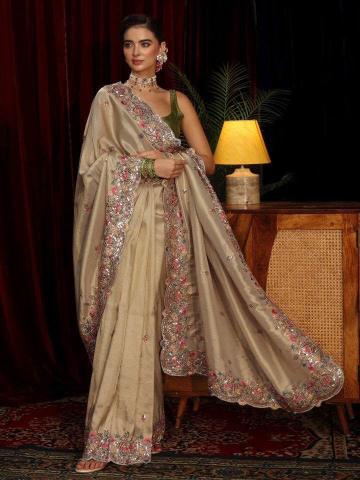 Libas Art Beige Sequin Silk Blend Saree with Floral Embroidered Border