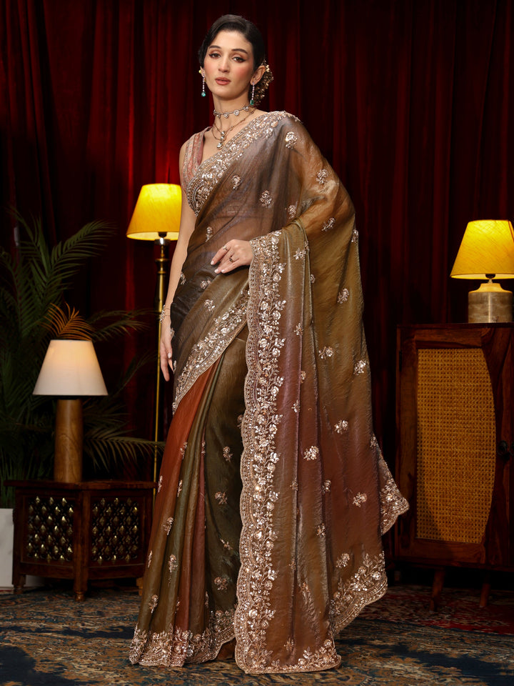 Libas Art Brown Floral Sequin Embellished Tissue Saree