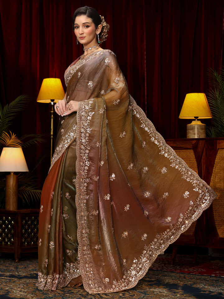 Libas Art Brown Floral Sequin Embellished Tissue Saree