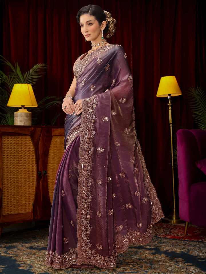Libas Art Mauve Floral Sequin Embellished Tissue Saree