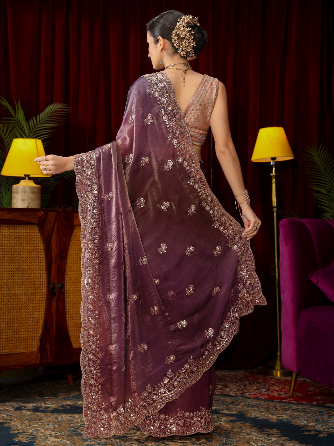 Libas Art Mauve Floral Sequin Embellished Tissue Saree
