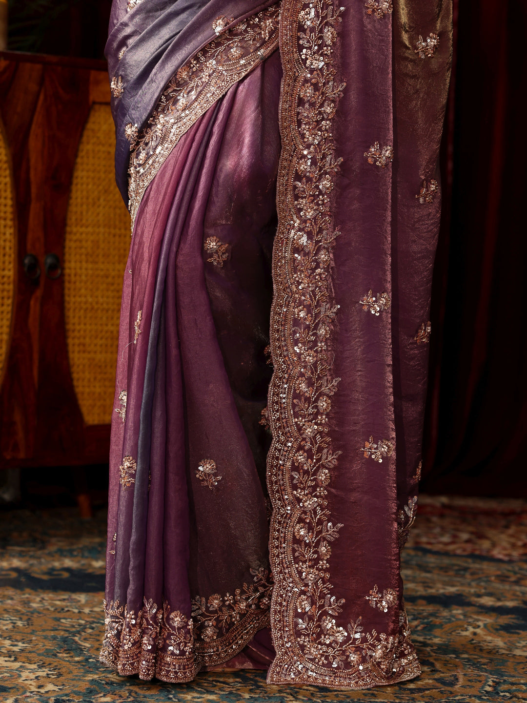 Libas Art Mauve Floral Sequin Embellished Tissue Saree
