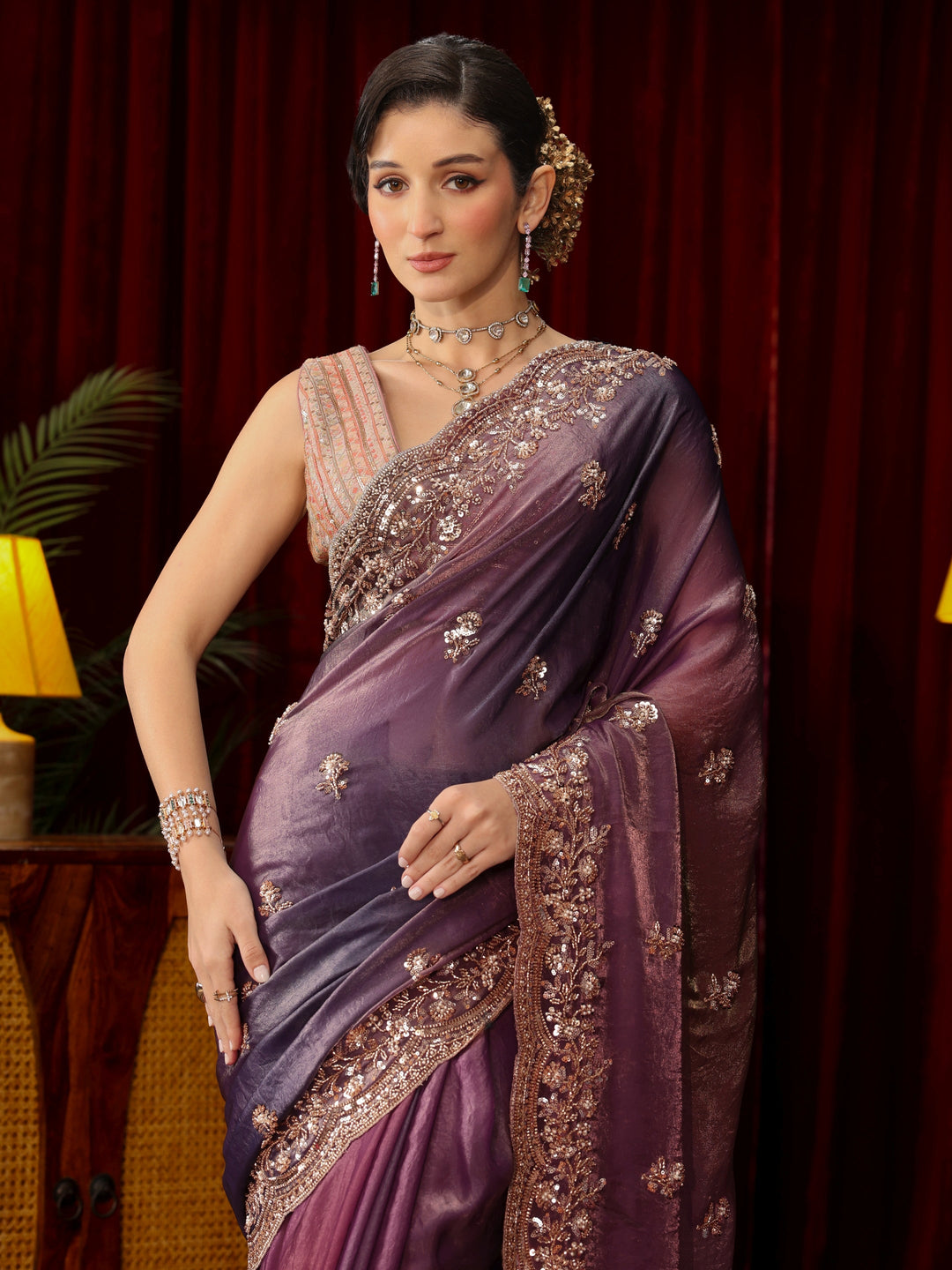 Libas Art Mauve Floral Sequin Embellished Tissue Saree