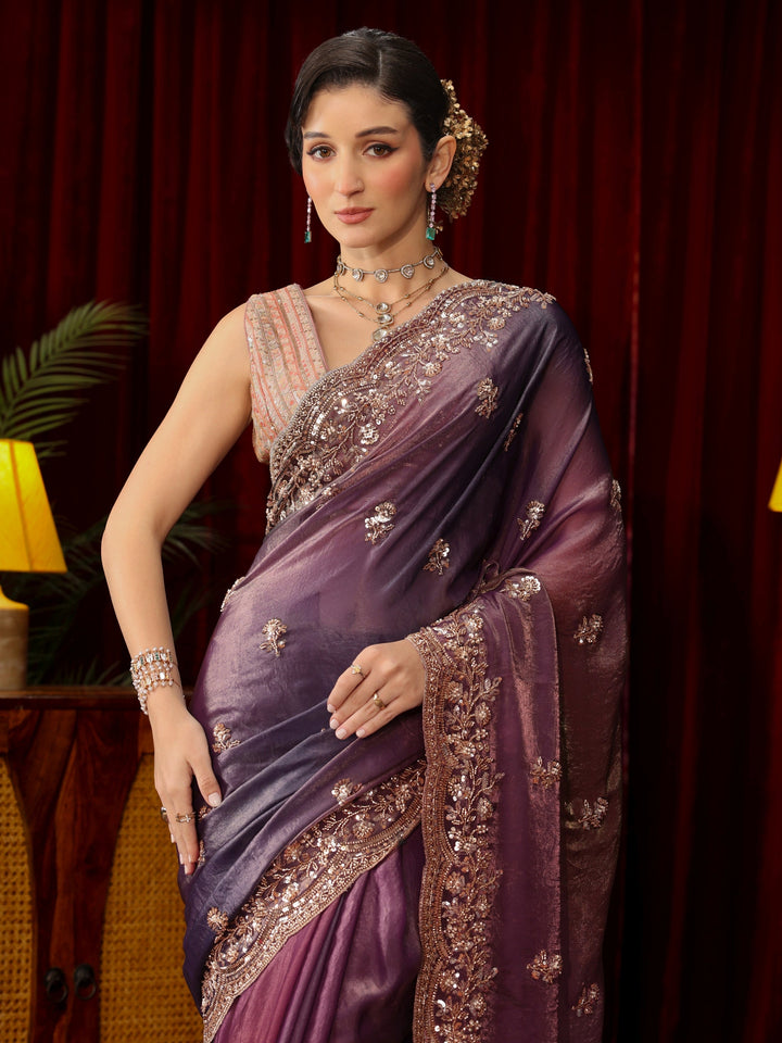 Libas Art Mauve Floral Sequin Embellished Tissue Saree