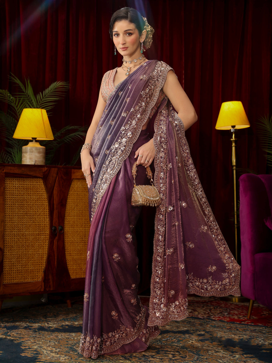 Libas Art Mauve Floral Sequin Embellished Tissue Saree