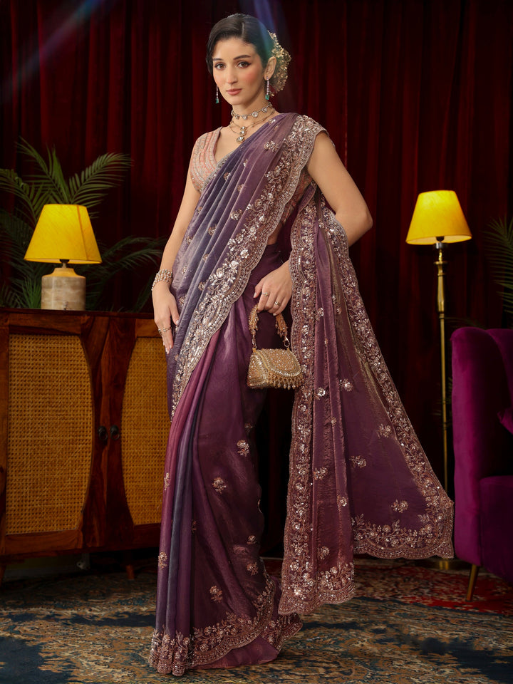 Libas Art Mauve Floral Sequin Embellished Tissue Saree